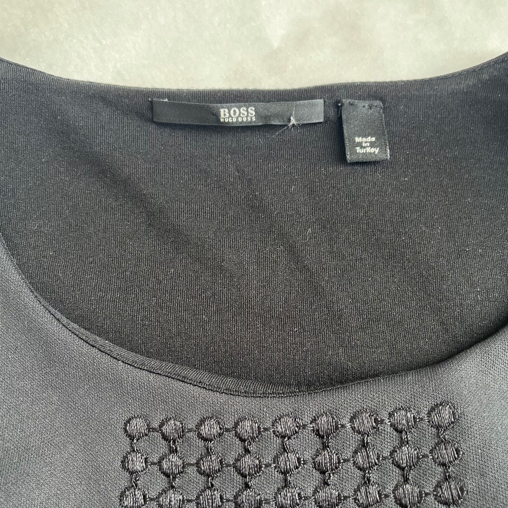 Hugo Boss Black Stretch Embordered Pencil Career Sleeveless Dots Sheath Dress L - Picture 9 of 13